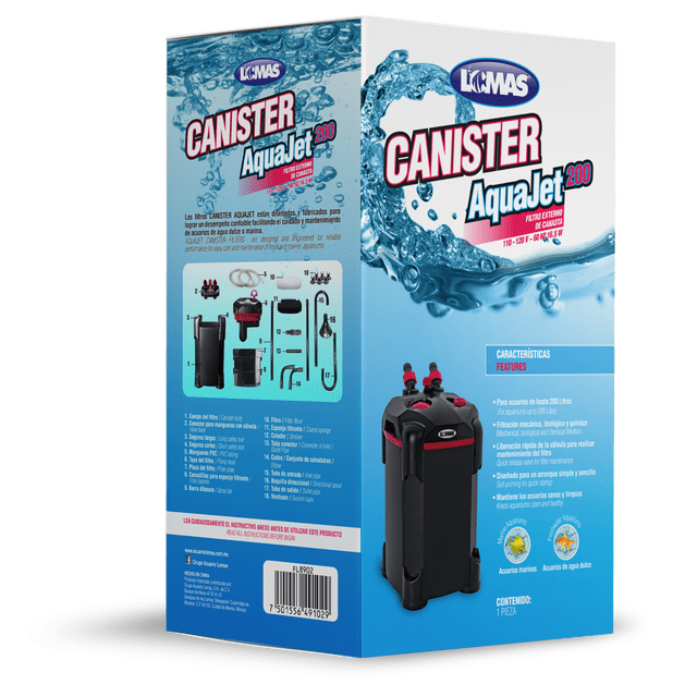 filtro externo canister lomas 200 l 850 l/h caja con foto del equipo negro Lomas; empaque blanco y azul muestra el canister con tapas y conexiones rojas, piezas y mangueras incluidas, para acuarios hasta 200 L, flujo 850 l/h, motor potente y silencioso y válvula de bombeo para arranque fácil.
