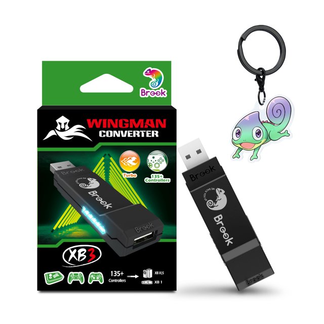 adaptador inalámbrico brook wingman xb 3 converter xbox series x/s, xbox one, pc — convertidor USB tipo A negro con logo Brook y grabado de camaleón, puerto visible; caja de producto negra y verde con texto "WINGMAN CONVERTER" e iconos de compatibilidad; llavero de camaleón incluido; soporta uso inalámbrico y remapeo de botones en consolas XB y PC.