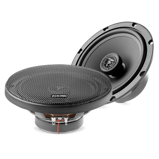 kit de altavoces coaxiales bidireccionales focal acx165 auditor evo series de 6,5" Par de drivers coaxiales 6.5" en vista frontal y 3/4; cono negro con tweeter montado en el centro, rejilla metálica lacada en negro con logo Focal, borde de montaje con orificios y terminales visibles; desarrollado en Francia, suele emplearse para mejorar sistemas de audio de autos.