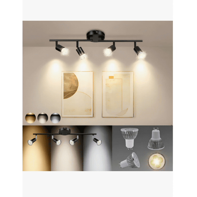 lámparas de riel lámpara de techo decorativas moderna para sala y interiores foco de riel negro mate de 4 cabezales GU10 orientables, disco central circular y barra lineal de aluminio 62 x 10 x 10 cm; muestra modos de luz cálida, neutra y blanca, apta para techos inclinados y a menudo usada para resaltar cuadros o áreas de lectura.