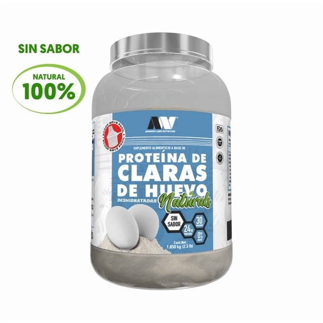 proteína de clara de huevo pura advance labs nutrition sin sabor 900g 30 serv frasco frontal con etiqueta azul y blanca que muestra "Proteína de claras de huevo" y "Sin sabor"; envase transparente con polvo blanco visible, tapa plateada, ilustración de dos huevos y sellos de libre de lácteos y gluten; ideal para mezclar en batidos o usar en repostería fitness.