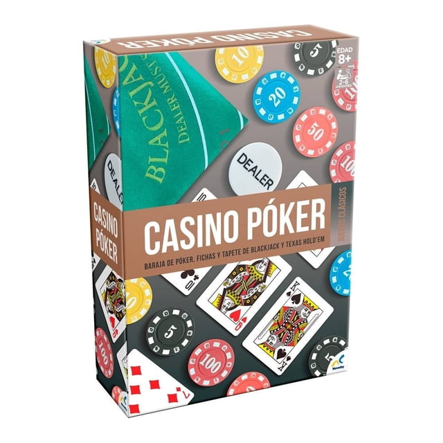 casino novelty espacio gigante 100 piezas set de casino para juegos de mesa. Caja multicolor con ilustraciones de cartas de póker, fichas numeradas (5, 20, 50, 100), ficha dealer blanca y tapete de blackjack verde parcialmente visible.