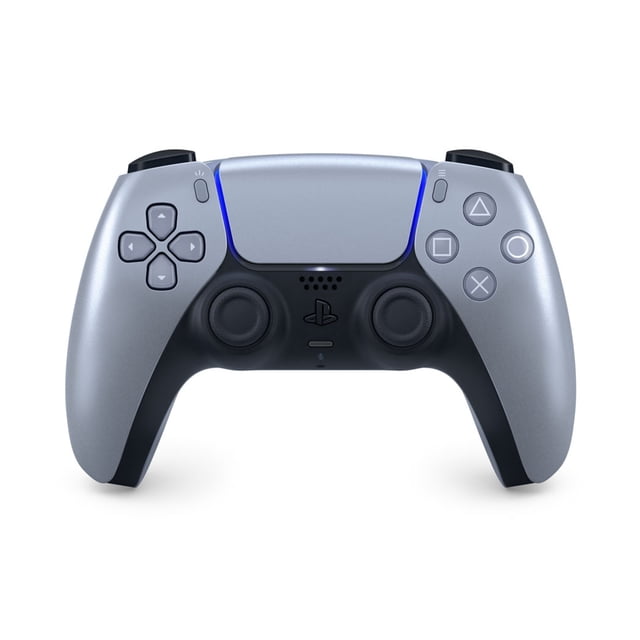 control dualsense playstation 5 sterling silver mando DualSense plata esterlina, vista frontal centrada con dos joysticks, pad direccional, botones con símbolos de triángulo/círculo/cuadrado/x, panel táctil superior, tiras LED azules, micrófono integrado y puerto USB Type-C visible; acabado gris metálico mate, diseñado para gatillos adaptativos y para grabar y transmitir partidas.