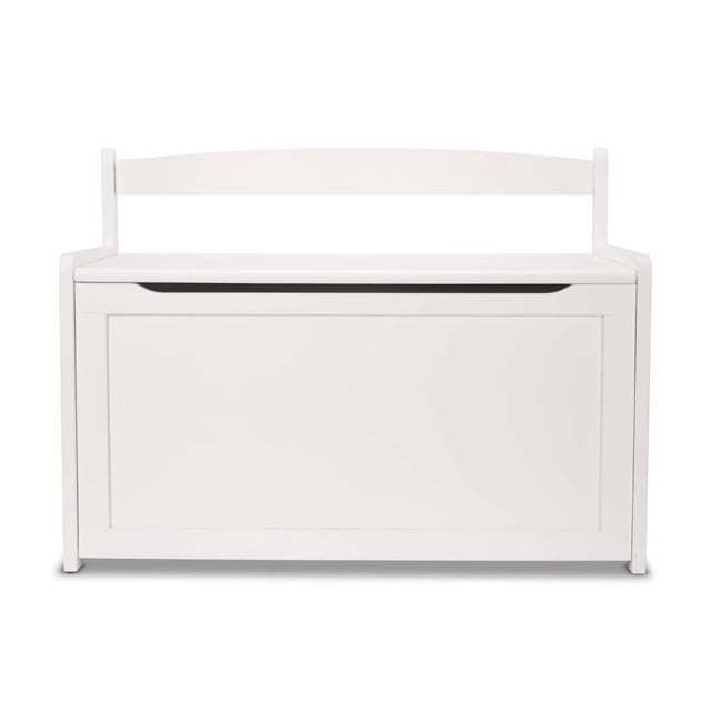 toy chest melissa & doug, muebles blancos de madera para sala de juegos: baúl blanco de madera tipo banco con respaldo bajo, panel frontal liso y tapa con ranura para abrir; 8.25 pies cúbicos de espacio, bisagras de seguridad y montaje fácil con destornillador Phillips; ideal para cuarto de niños y edades 3–6 años, y a menudo se usa también para guardar ropa de muñecas o accesorios de juego.