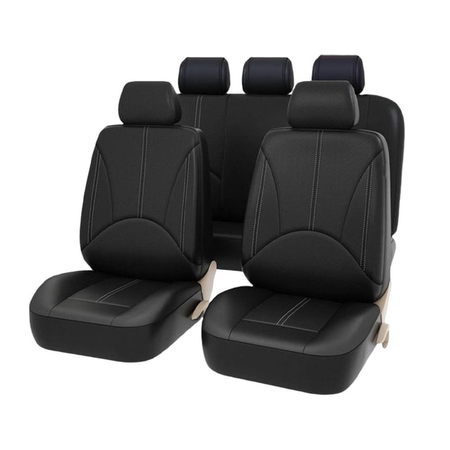 fundas para asientos de automóviles, clásicas, lavables, lujosas, para la mayoría de los autos, suv, autopartes, negras, 9 piezas sunnimix cubierta de asiento — vista frontal centrada de fundas negras de 9 piezas en cuero PU con costura decorativa y paneles perforados en los respaldos; paquete incluye 5 cubiertas de reposacabezas, cubiertas para asientos delanteros, respaldo central y asiento trasero; cubierta de asiento aprox. 118 cm (46.5 in). Se instala en minutos siguiendo las instrucciones, adecuada para autos y SUV; a menudo usada para proteger asientos durante viajes.