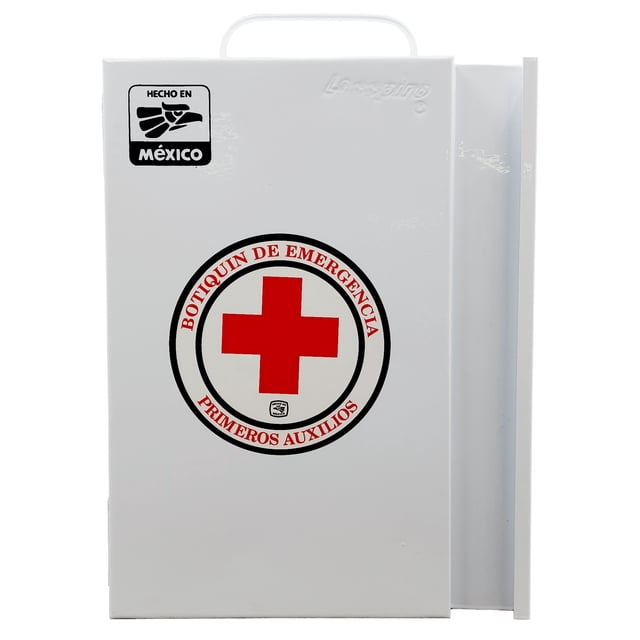 lesspiro, botiquín mediano de emergencia, metálico, primeros auxilios, blanco, de pared. Botiquín metálico de pared blanco con emblema de cruz roja y texto "Botiquín de Emergencia - Primeros Auxilios", etiqueta "Hecho en México" en la esquina superior, asa superior integrada y puerta lateral; mide 28.5 x 22 x 12 cm. También se usa a menudo como caja compacta para guardar suministros médicos básicos en talleres o vehículos.