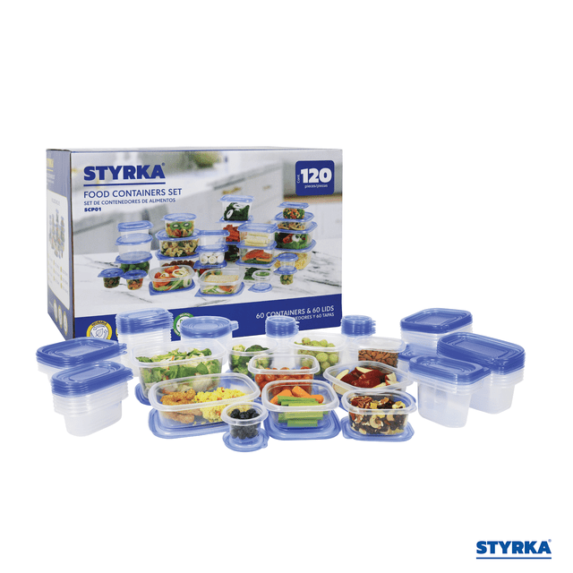 set 60 contenedores de plástico styrka 120 piezas de cocina con tapa diferentes tamaños, 60 contenedores transparentes y 60 tapas azules frente a la caja, variedad de formas rectangulares y circulares en varios tamaños (120 ml a 1900 ml) con algunos llenos de comidas preparadas; ideal para almacenamiento y organización en cocina, aptos para microondas, congelador y lavavajillas según especificaciones.