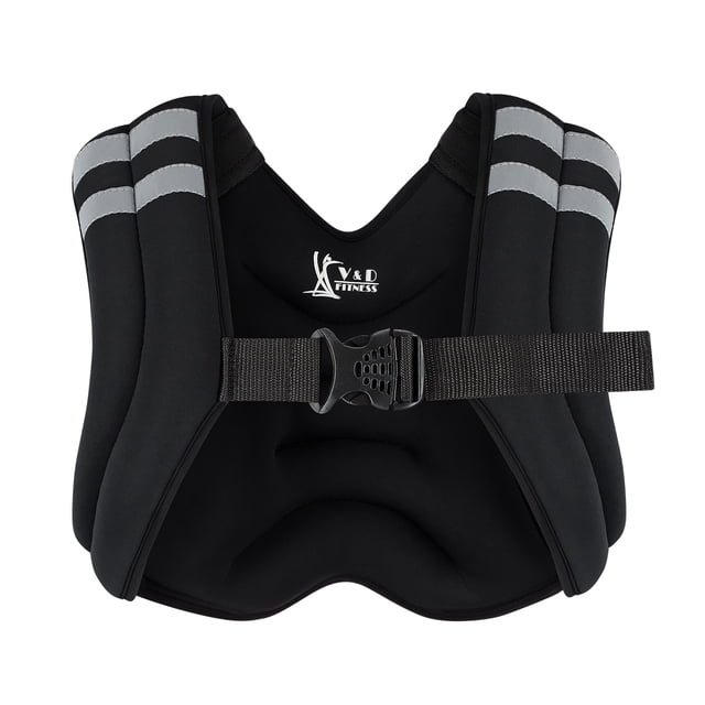 chaleco con peso clásico lastrado 6 kg 13 lbs chaleco lastrado negro unisex de neopreno con broche ajustable en el pecho. Diseño ergonómico de paneles acolchados, tiras reflectoras en hombros y logo V&D FITNESS visibles en vista frontal sobre fondo neutro. Ideal para crossfit y entrenamiento de resistencia; también adecuado para uso en carrera por la mañana o noche.