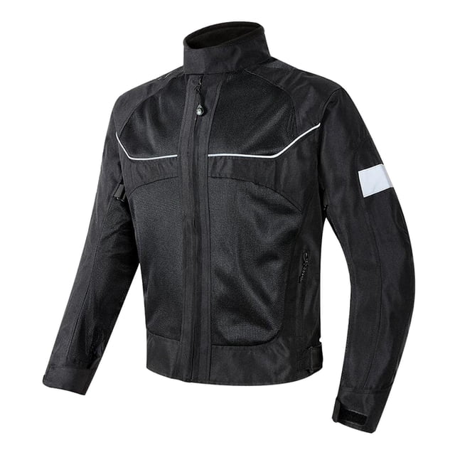chaqueta de moto de verano chaqueta de motociclista malla transpirable protección de carrera negro 3xl chaqueta frontal centrada en negro talla 3XL con cierre de cremallera y cuello alzado, malla exterior e interior para ventilación, tejido grueso y costuras reforzadas; pliegues elásticos en codos, tiras reflectantes delanteras y en la manga, puños y cintura ajustables, bolsillos con cremallera; incluye hombreras, coderas y protector de espalda; a menudo se usa también para conducción urbana y entrenamiento de circuito corto.