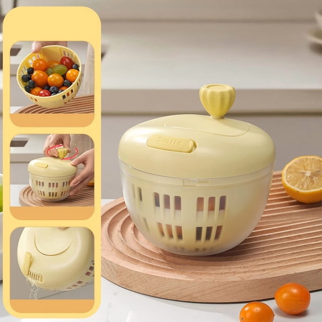 fruit and vegetable dehydrator Amarillo by LADIGASU, vista frontal de deshidratador manual redondo para ensaladas con cuenco plástico perforado y tapa con pomo en forma de corazón sobre tabla de cortar de madera; miniaturas muestran cesta con tomates cherry, mano girando el pomo y agua saliendo por un vertedero; también se usa a menudo para escurrir frutas y verduras pequeñas antes de servir.