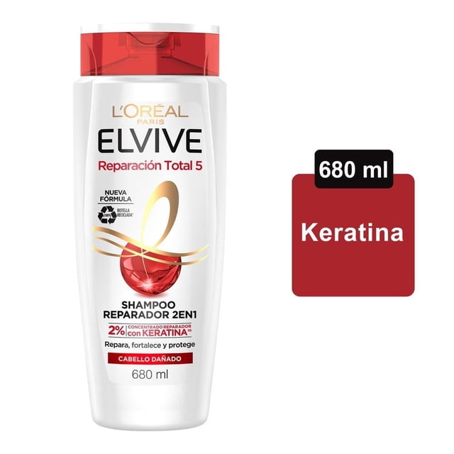 Shampoo 2 en 1 L'Oréal Elvive reparación total 5 cabello dañado 680 ml