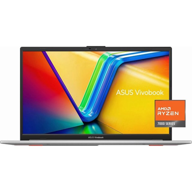 laptop asus vivobook go 15.6" fhd ryzen 5 7520u 8gb ram 512gb ssd windows 11 color cool silver — Vista frontal de la pantalla 15.6" Full HD encendida; chasis delgado en acabado Cool Silver, biseles estrechos, logo ASUS Vivobook en el marco inferior y teclado integrado. Puertos USB-C y HDMI visibles en el lateral. Ideal para estudio, trabajo remoto y entretenimiento; a menudo usada como equipo portátil para tareas diarias.