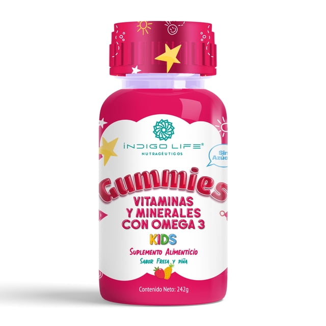 indigo life gummies kids vitaminas y minerales con omega 3 sabor fresa y piña 242 gr frasco rosado con etiqueta blanca y logo INDIGO LIFE NUTRACEUTICOS, texto principal "Gummies" y "Vitaminas y Minerales con Omega 3", indicado como suplemento alimenticio para niños, tapa decorada con estrellas amarillas y contenido neto 242 g.