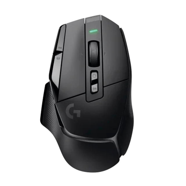 mouse gamer logitech g502 x lightspeed 25600 dpi inalambrico 910-006179 negro logitech 910-006179 Vista cenital frontal de mouse ergonómico negro con apoyamanos izquierdo; rueda central, dos botones de ajuste de DPI delante de la rueda, tres botones programables en el lateral marcados G8/G9 y logo G en la base; LED indicador y puerto de carga USB-C; suele usarse también para control de macros en estaciones de juego.