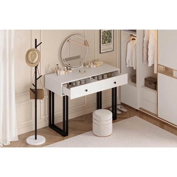 Tocador moderno compacto con espejo LED - 3 modos de luz y brillo regulable - 2 cajones de almacenamiento - Mesa de maquillaje para dormitorio - Color blanco, 1 metro