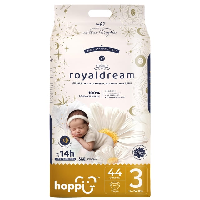 pañales para bebé hoppi royal dream talle 3 (6-11 kg) paquete de 44 empaque frontal vertical con asa, muestra logo Royal Dream y Hoppi; ilustración de bebé dormido sobre flor blanca, rótulos 'up to 14h', '44' y '3' (6-11 kg), tonos crema y dorado, íconos visibles de ajuste y protección; paquete de pañal desechable.