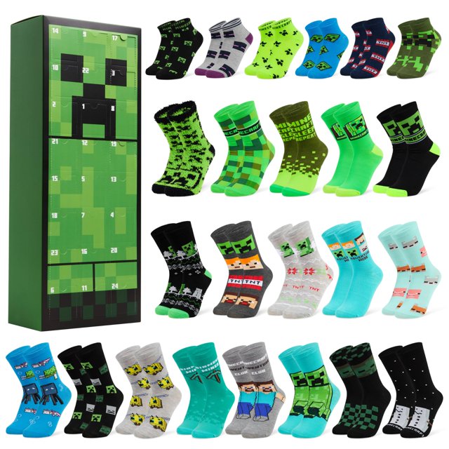 calcetines con calendario de adviento minecraft creeper 2024 para niños calendario de Adviento con caja vertical verde estilo Creeper a la izquierda y 24 pares de calcetines a la derecha; diseños pixelados y iconos de Creeper en tonos verdes, negros, azules y grises, mezcla de calcetines cortos y largos, patrones de cuadros tipo píxel y motivos navideños, vista frontal sobre fondo blanco. También frecuentemente usado como regalo diario durante la temporada de Adviento.
