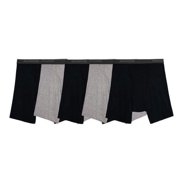bóxer ajustado fruit of the loom para hombre, multicolor 5 piezas talla eg paquete de cinco bóxers ajustados para hombre en colores negro y gris jaspeado, vista frontal centrada que muestra corte a la cintura y ajuste a medio muslo, pretina elástica afelpada con logo Fruit of the Loom, bragueta funcional ergonómica y etiqueta estampada, elaborado en algodón suave según especificaciones.