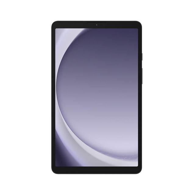 tablet samsung galaxy tab a9 4 gb 64 gb gris vista frontal centrada con pantalla encendida y biseles negros; cuerpo metálico gris, cámara frontal en el borde superior y botones en el lateral derecho; incluye acelerómetro, sensor geomagnético, sensor de luz y de proximidad; adecuada para entretenimiento, lectura y uso de viaje por su tamaño compacto.