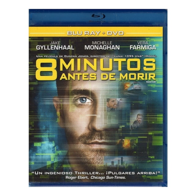 pelicula blu-ray + dvd zima 8 minutos antes de morir gyllenhaal Nuevo estuche Blu-ray + DVD, vista frontal centrada; portada con un gran '8' amarillo a la izquierda, bandas superiores amarilla y azul que indican 'BLU RAY + DVD', nombres de reparto Jake Gyllenhaal, Michelle Monaghan y Vera Farmiga en la parte superior, fondo con gráficos digitales verde-azulados y texto de créditos y reseña en la parte inferior; suele utilizarse para ver la película en casa o como regalo.