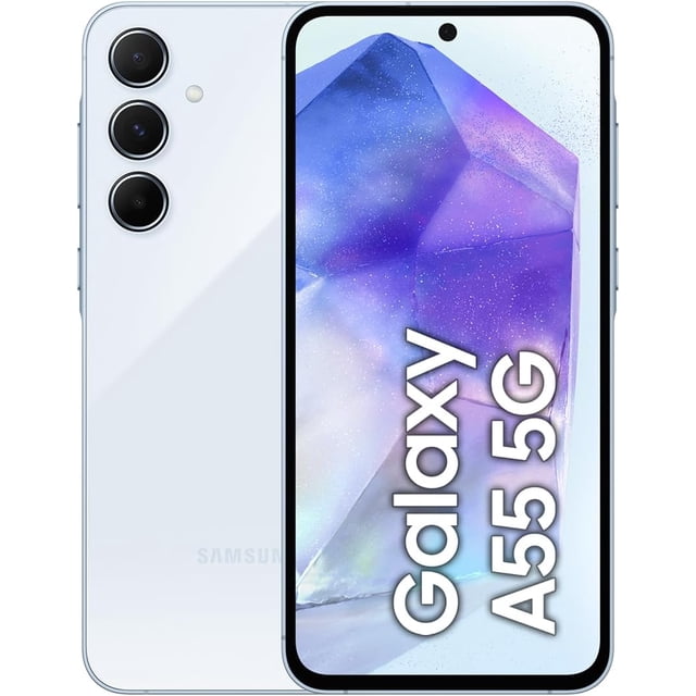 samsung galaxy a55 5g 256gb impresionante azul hielo (reacondicionado) Reacondicionado vista centrada con frontal y trasera del smartphone azul hielo; pantalla encendida con fondo púrpura-azul y texto 'Galaxy A55 5G', orificio de cámara frontal en el centro superior, trasera clara con tres lentes verticales en módulo izquierdo y logotipo Samsung abajo. Apto como celular desbloqueado en la categoría de smartphones.