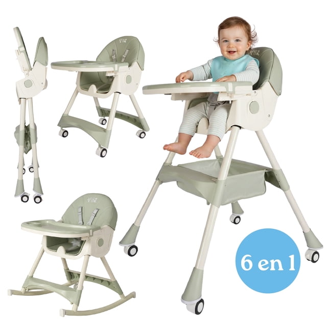 silla alta periquera 4 en 1 yei plegable ajustable multifuncional para bebé, color verde — Vista frontal y en uso: silla alta YEI verde con bandeja desmontable, arnés de 5 puntos y asiento de PU fácil de limpiar; estructura de tubos pintados con ruedas con seguro, muestra posiciones alta y baja, modo plegado compacto y base tipo balancín; también adecuada como mesa con silla para niños pequeños.