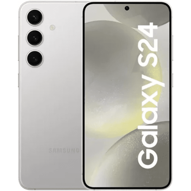 samsung galaxy s24 256gb plata reacondicionado — Vista frontal y trasera centrada del smartphone plateado con pantalla encendida mostrando 'Galaxy S24', tres cámaras traseras en columna y bordes rectos; producto reacondicionado que incluye caja y cable alternativo.