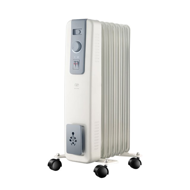 calentador calefactor eléctrico de aceite con radiador avera calace01 Blanco, 3/4 frontal de radiador de 7 aletas sobre ruedas con perilla y dos interruptores; termostato ajustable y protector en la base; 1500 W para hasta 20 m², sin ventilador (35 dB). También suele usarse para calentar habitaciones pequeñas o espacios de trabajo temporales.