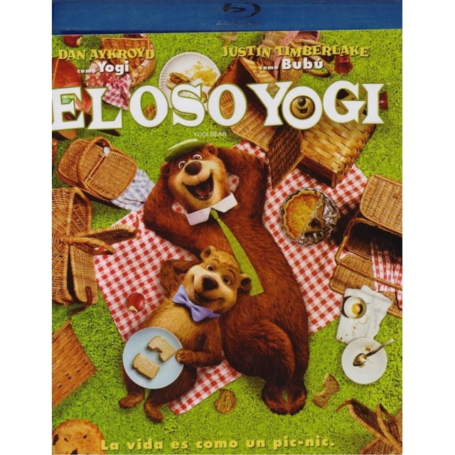 el oso yogi 2010 justin timberlake pelicula blu-ray + dvd Carátula frontal con El Oso Yogi y Boo-Boo recostados sobre un mantel rojo a cuadros en un picnic; cestas de mimbre, platos con comida y el título grande en la parte superior.