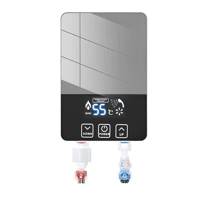 5000w calentador agua electricos boiler instantáneo de paso unidad blanca vertical con pantalla LED frontal que indica 55 °C, panel de control negro con botones Power, Up y Down y conexiones de agua con válvulas roja (entrada) y azul (salida). Compacto 48–68 cm, 1 kg, entrega 2–8 l/min y presión 0.02–0.7 MPa; ideal para baño, cocina, lavabos y lavado de manos.