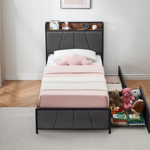 Yeshouse Cama individual con USB y 2 cajones, tapizada en lino, sin base, estructura silenciosa, gris