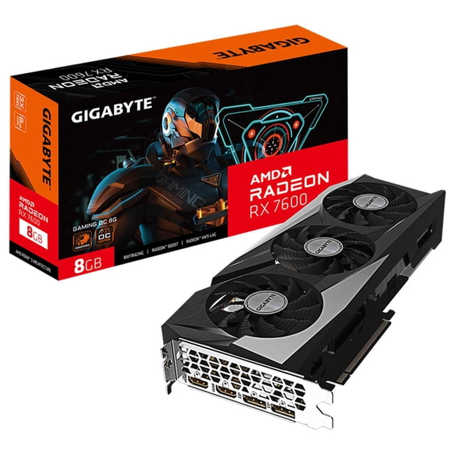 tarjeta de video gigabyte radeon rx 7600 gaming oc 8gb gddr6 negro gv-r76gaming oc-8gd tarjeta gráfica negra con triple ventilador y disipador con detalles plateados junto a su caja; 8GB GDDR6, 128-bit, 2048 procesadores de flujo y conexión PCI-E 4.0, pensada para gaming 1080p y streaming; también es adecuada para estaciones de juego compactas.
