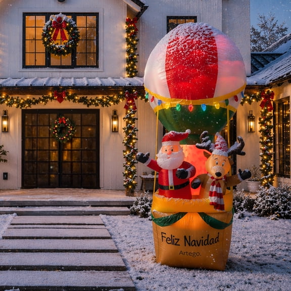 Inflable de Navidad globo aerostático Artego de Santa y reno 2.8m con LED FIRE