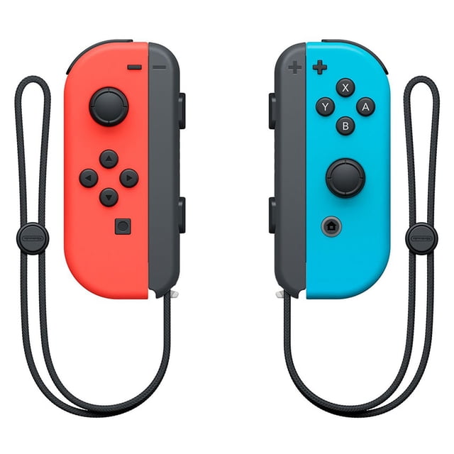 control para nintendo switch Joy-Con rojo y azul, vista frontal centrada de ambos controles separados con palancas analógicas, botones A/B/X/Y y correas de muñeca negras; silueta ergonómica con acabado mate, a menudo usado para juegos locales multijugador y sesiones portátiles.