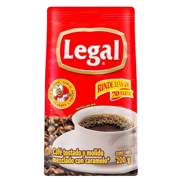 café legal molido tradicional mezclado con azúcar 200 g paquete frontal rojo con logo Legal, bolsa de 200 g muestra una taza de café humeante sobre granos tostados y texto 'Café tostado y molido mezclado con caramelo' y sello 'rinde más de 70 tazas'.