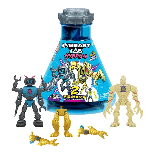 paquete múltiple toy mrbeast lab hybrids con 2 figuras de acción Envase tipo frasco azul con tapa gris y logotipo MrBeast Lab; en primer plano dos figuras desmontables multicolor (robot negro/azul y criatura color hueso) con piezas intercambiables visibles y cuatro partes doradas del Dragón Pantera Dorada, vista frontal sobre fondo blanco; también a menudo usado para jugar a combinar piezas y coleccionar figuras.