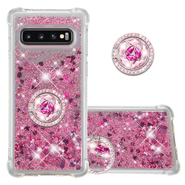 Funda para Samsung Galaxy S10 Plus con Brillo Líquido Flotante, Purpurina, Parachoques y Anillo Giratorio Soporte