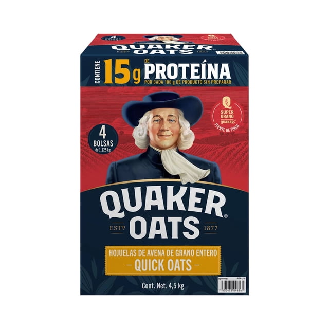 avena natural quaker 4.52 kg oats grano entero quaker oats original Caja frontal con logo Quaker y personaje, rótulo '15 g de proteína', aviso '4 bolsas' y leyenda 'hojuelas de avena de grano entero' sobre fondo rojo y azul.