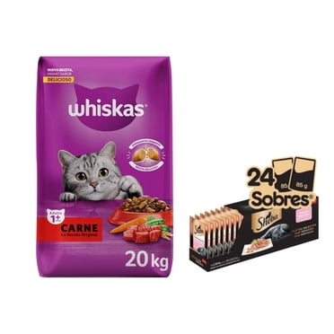 Whiskas Original Carne 20 kg + Caja Sheba Sobre Salmón Marinado 85 G (24 Pzas)