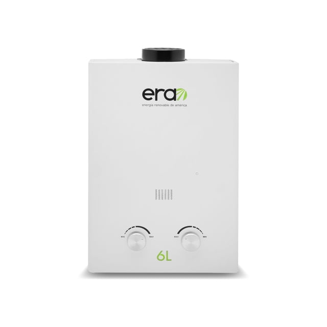 calentador de agua instantáneo a gas lp era 6 l/min Unidad frontal blanca, vista centrada y de frente; logo Era arriba y salida de chimenea negra en la parte superior; dos perillas giratorias en la base para control de temperatura y flujo y marcación verde '6L' en el frente. Diseño compacto de 30 x 44 x 13 cm, pensado para espacios reducidos y para reemplazar boilers con tanque; adecuado para instalación interior o exterior en lugares ventilados; también es apto para uso en viviendas pequeñas que requieren agua caliente al instante.