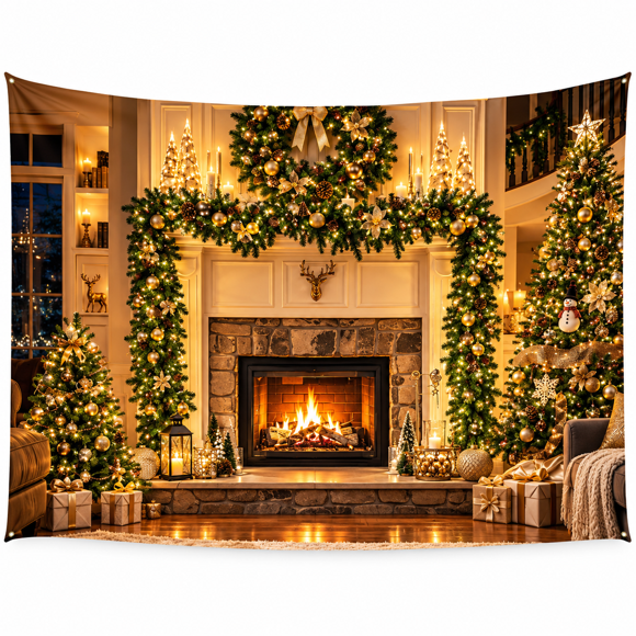 Telón Navideño Corona y Chimenea para Fondo Fotográfico