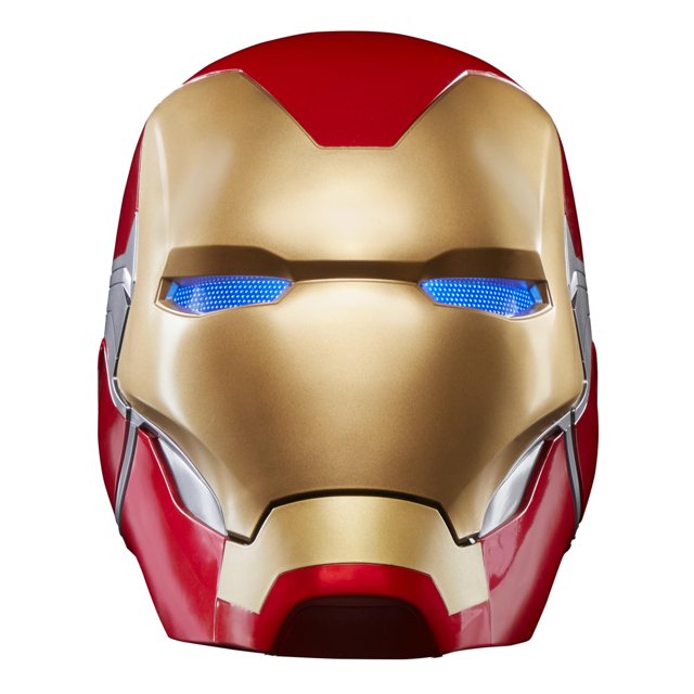 casco de la serie marvel legends iron man avengers: endgame casco electrónico 1:1 frontal en rojo y dorado con visera cuyos ojos LED azules son atenuables, escultura detallada de controles internos, acolchado interior ajustable y fondo blanco, ideal para juego de rol y coleccionistas adultos.