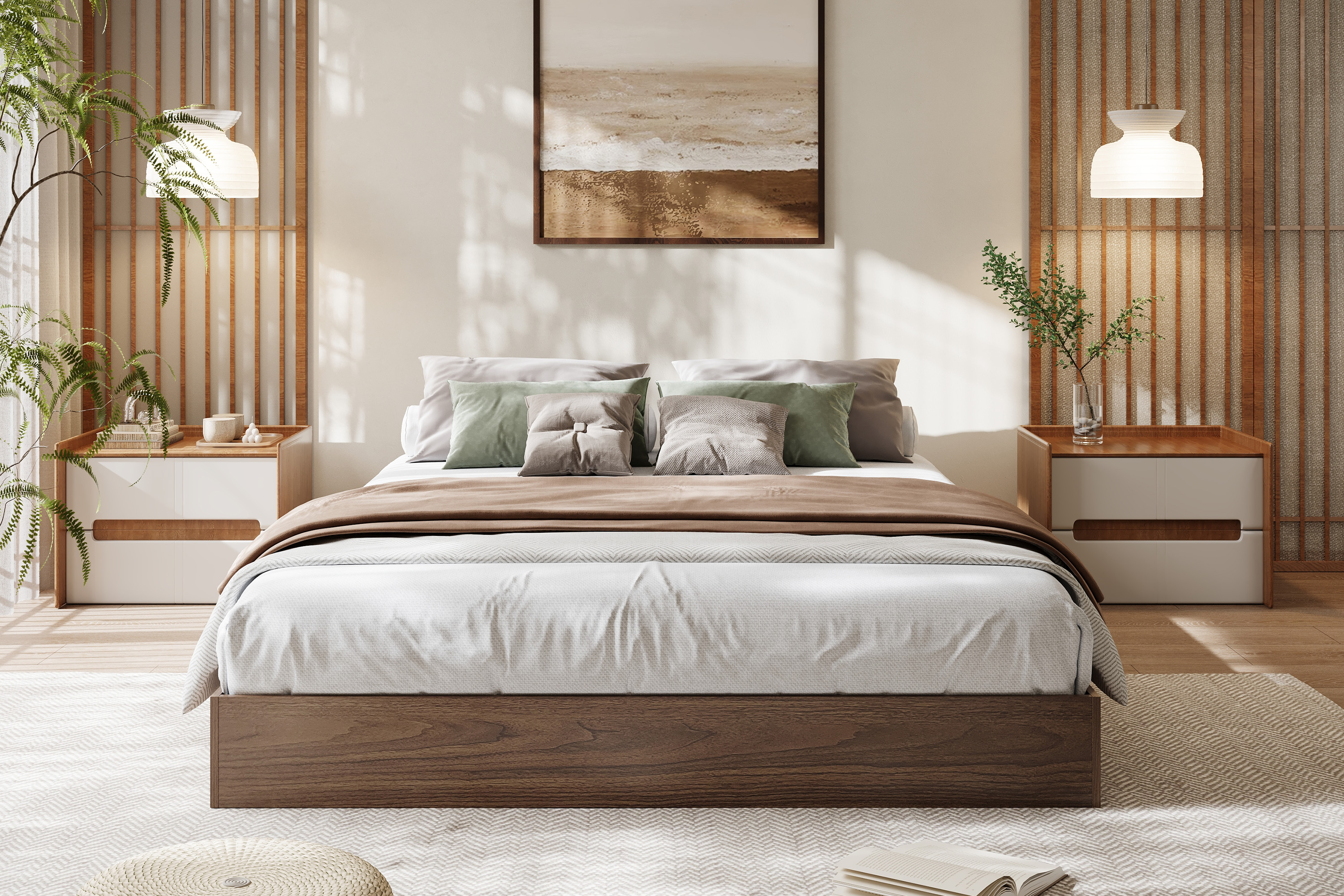 Estructura de cama tipo plataforma de madera, sin cabecero - Diseño minimalista a ras de suelo, estable y silenciosa - Sin somier/box spring, montaje fácil - Color: Walnut - Tamaño: Queen