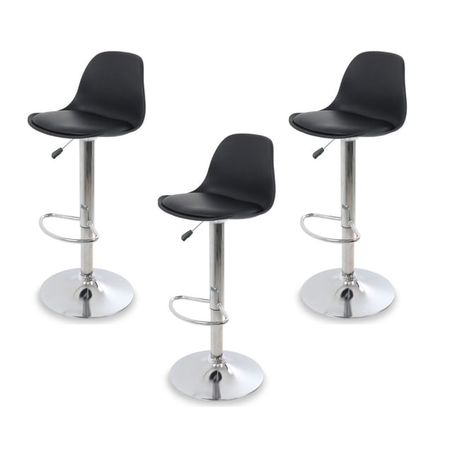 sillas para bar y barra de cocina con respaldo y reposapies de altura ajustable banco taburete giratorio con asiento acolchado de diseño moderno set 3 piezas negro — tres taburetes negros con asiento acolchado y respaldo curvo de polipropileno, base circular y estructura metal cromado con reposapiés en aro, elevador hidráulico, giro 360°; ancho asiento 38.5 cm, altura ajustable 81–102 cm.