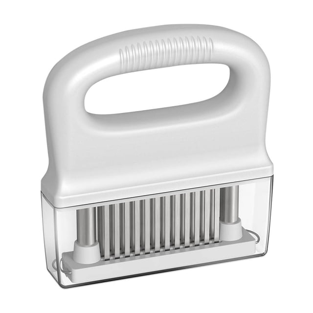 aparatos de cocina, accesorios de cocina, utensilios de cocina ablandador de carne con 48 cuchillas de acero inoxidable ablandador de carne para pollo, res, pescado y cerdo ablandador extraíble y lava Vista frontal centrada de ablandador Mychoice blanco con mango ABS ergonómico, bloque de 48 cuchillas de acero inoxidable y funda protectora transparente; desmontable para lavar y apto también para ablandar filetes pequeños.