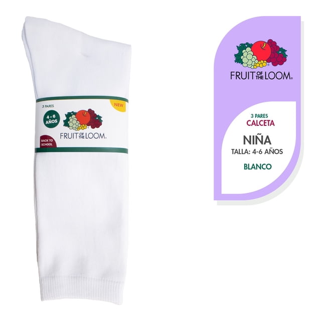 Calceta Fruit Of The Loom para Niña, sin Felpa Blanca Talla CH, 3 Pares