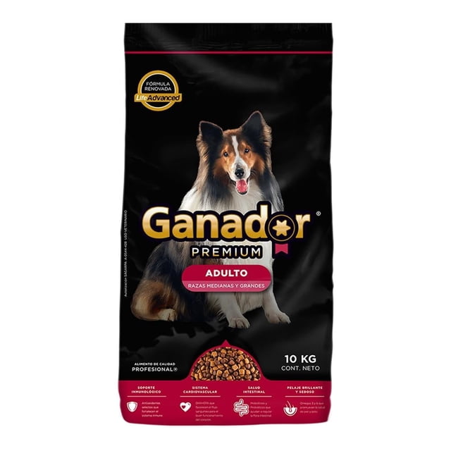 alimento para perro ganador premium adulto razas medianas y grandes 10 kg bolsa negra frontal con logo Ganador y fotografía de perro pastor; vista centrada, empaque vertical que muestra croquetas en ventana inferior y rótulos que dicen 'Pelaje brillante y sedoso', 'Soporte cardiovascular' y 'Salud intestinal'. Adecuado como alimento para razas medianas y grandes.