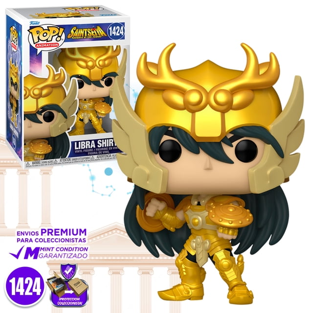 funko pop shiryu armadura dorada de libra #1424 caballeros del zodiaco anime original funko libra shiryu saint seiya. Figura Funko Pop frontal fuera de caja con empaque visible; Shiryu con casco dorado con cuernos curvados, hombreras aladas, pechera y grebas doradas, cabello largo verde oscuro y ojos negros estilo Funko; producto multicolor en mint condition mostrado en el empaque.