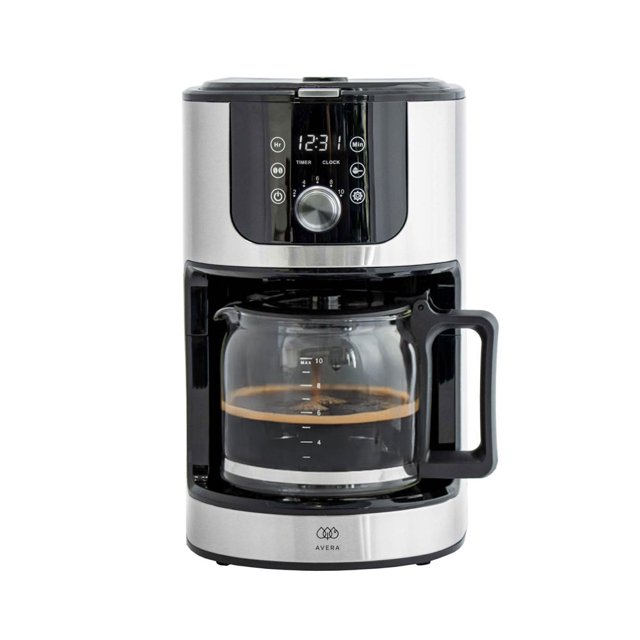 cafetera automática con molino integrado de café avera caf01/acero inoxidable/negro — cafetera de goteo negra y acero inoxidable con jarra de cristal para 10 tazas (60 ml c/u), panel digital frontal con reloj y temporizador, perilla para ajustar espesor y concentración, filtro permanente de acero inoxidable y depósito superior para granos; también apta para usar con café ya molido.