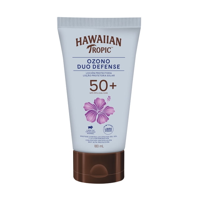 protector solar hawaiian tropic ozono duo defense fps 50+ ozono duo defense 180 ml tubo frontal con tapa marrón, loción SPF 50+ de 180 ml con flor morada en la etiqueta, fórmula hidratante ultra-ligera para uso diario según especificaciones y protección solar facial y corporal.
